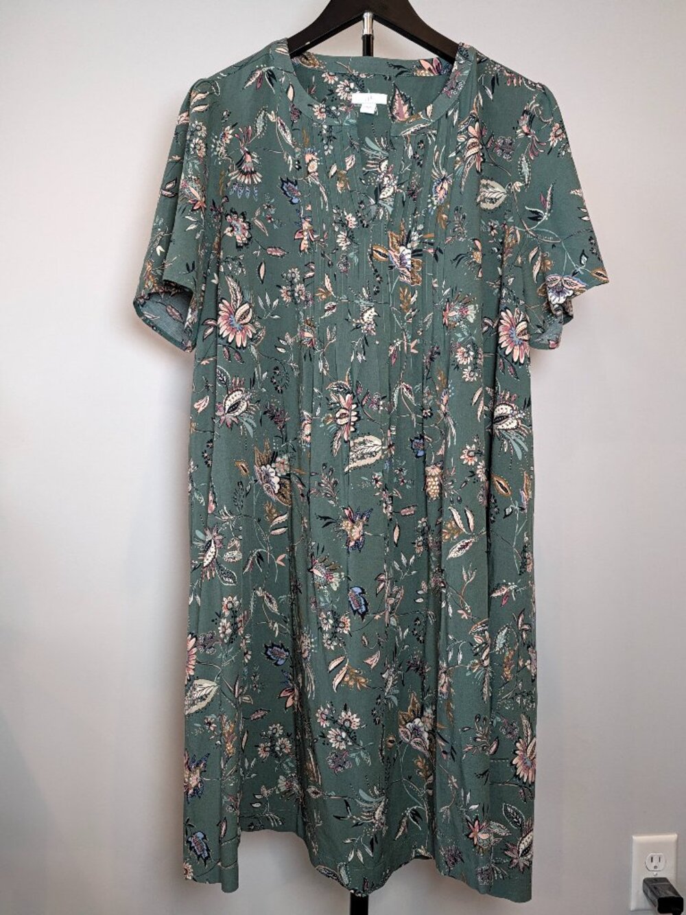 J. Jill Women Size S Green Floral Print Pintuck Pleated Bodice Midi Dress